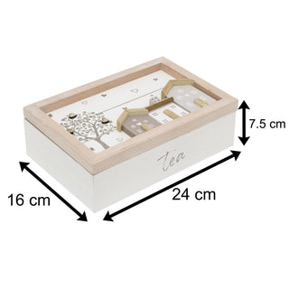 Shabby Chic House Design Wooden Tea Box Caddy 24x16cm | 6 Compartment Tea Bag Storage Box | Kitchen Organiser Tea Case