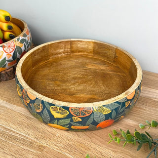 Shallow Citrus Zest Wooden Fruit Bowl | Mango Wood Salad & Serving Dish - 30cm