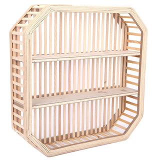 Square Wall Mounted Rattan Floating Shelf Storage Unit | 2 Tier Wooden Floating Shelves | Double Shelf Cube Display Rack Organiser - 45cm
