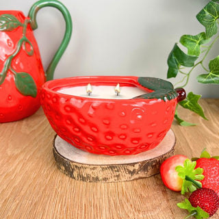 Strawberry Candle in Ceramic Pot | Summer 2 Wick Scented Fruit Candle - 14x9cm