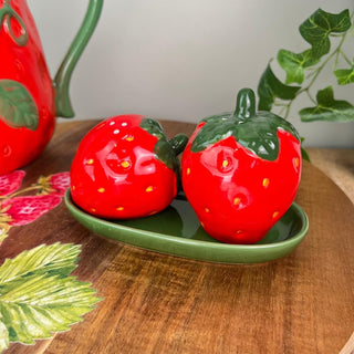 Strawberry Salt & Pepper Shakers | Novelty Fruit Ceramic Cruet Set with Tray