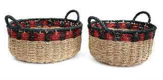 Stunning Set Of 2 Black and Red Storage Baskets ~ Small Woven Seagrass Basket