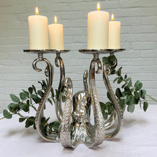 Unique Extra Large Octopus Candle Holder | Silver Metal Octopus Candelabra | Octopus Candlestick 4 Pillar Candle Holder
