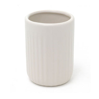 White Ceramic Toothbrush Holder | Ribbed Bathroom Tumbler Storage Cup - 11cm