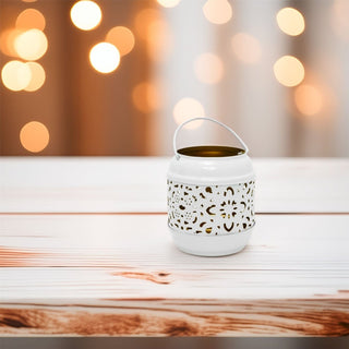 White Metal Tealight Lantern | Small Hanging Candle Holder with Copper Interior