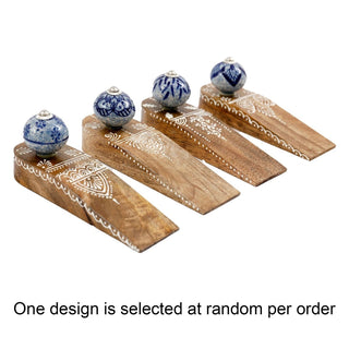 Wooden Door Stop Wedge | Mango Wood Doorstop with Blue Ceramic Accent - 16cm