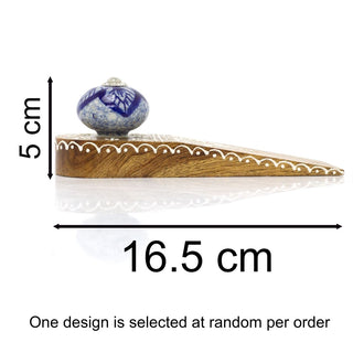 Wooden Door Stop Wedge | Mango Wood Doorstop with Blue Ceramic Accent - 16cm