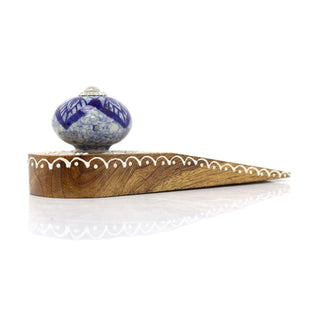 Wooden Door Stop Wedge | Mango Wood Doorstop with Blue Ceramic Accent - 16cm