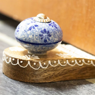 Wooden Door Stop Wedge | Mango Wood Doorstop with Blue Ceramic Accent - 16cm