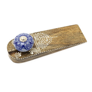 Wooden Door Stop Wedge | Mango Wood Doorstop with Blue Ceramic Accent - 16cm