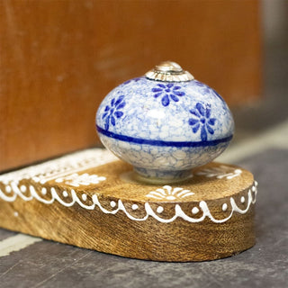 Wooden Door Stop Wedge | Mango Wood Doorstop with Blue Ceramic Accent - 16cm