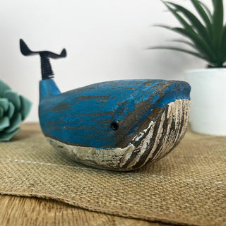 Wooden Whale Ornament | Distressed Nautical Blue Whale Figurine Statue - 11cm