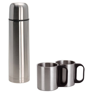 1 Litre Stainless Steel Thermos Flask With 2 Handled Drinks Cups | Double Walled Insulated Vacuum Flask | Hot Cold Drinks Hydro Flask With Cups