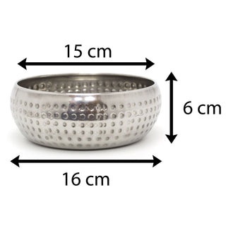15cm Stylish Silver Metal Kitchen Bowl | Round Stainless Steel Display Dish With Hammered Detail | Snack Bowl