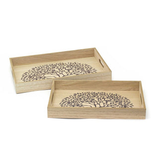 2-piece Tree Of Life Wooden Serving Trays | Set Of 2 Storage Trays With Handles