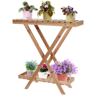 2 Tier Wooden Garden Flower Pot Stand | 2 Shelf Plant Pot Folding Display Stand | Outdoor Planter Display Shelves
