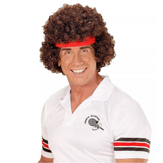 80s Tennis Player Wig And Headband | Brown 1980s Curly Tennis Ace Wig | Retro Sports Fancy Dress Accessories