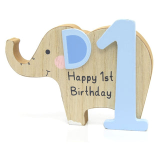 Adorable Wooden Elephant 1st Birthday Block Plaque ~ Blue
