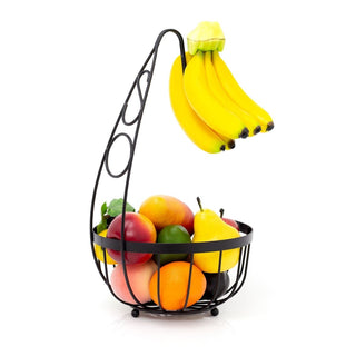 Black Flat Iron Fruit Basket With Banana Hanger | Metal Fruit Bowl With Banana Hook | Wire Vegetable Rack Fruit Bowl With Banana Tree