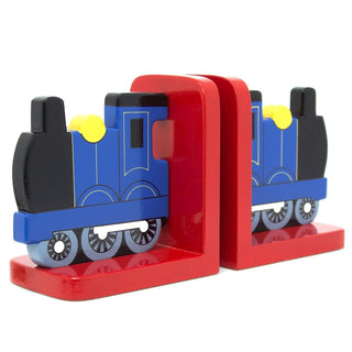 Blue Train On Red Wooden Bookends For Kids | Childrens Book Ends | Book Stoppers For Shelves, Kids Room or Nursery Decor - Hand Made in UK