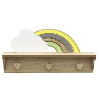 Childrens Wooden Rainbow Shelf with 3 Heart Shaped Hooks | Baby Nursery Decor