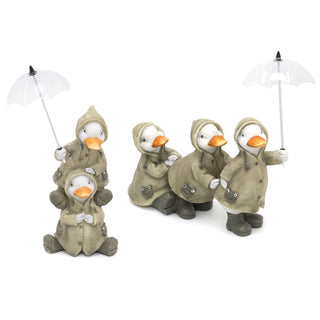Cute Puddle Duck Family With Umbrella Ornament | Indoor Outdoor Duck And Brolly Statue | Bird Sculpture Garden Decorations