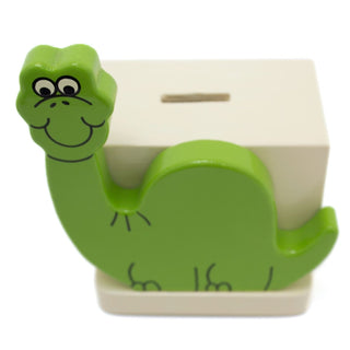 Green Dinosaur On White Money Box | Childrens Wooden Money Box | Piggy Bank, Saving Pot for Kids Room or Nursery Decor - Hand made in UK