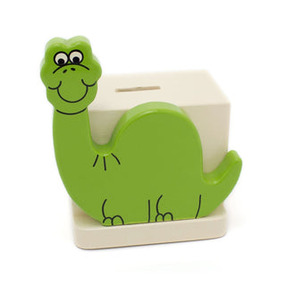 Green Dinosaur On White Money Box | Childrens Wooden Money Box | Piggy Bank, Saving Pot for Kids Room or Nursery Decor - Hand made in UK