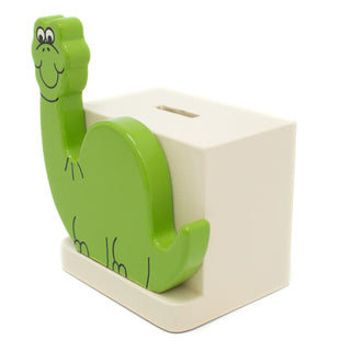Green Dinosaur On White Money Box | Childrens Wooden Money Box | Piggy Bank, Saving Pot for Kids Room or Nursery Decor - Hand made in UK