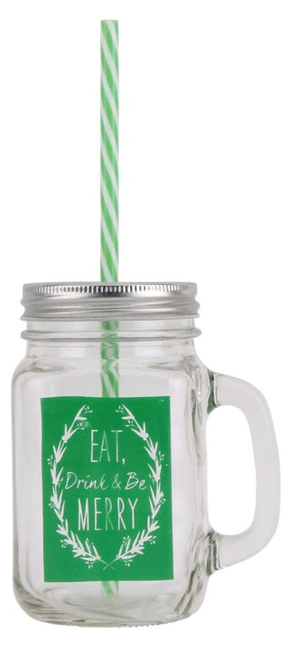 Retro Mason Style Tennessee Glass Handled Christmas Drinking Jar With Lid And Straw ~ Green
