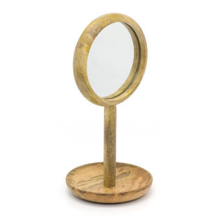 Round Wooden Freestanding Dressing Table Mirror | Rustic Vanity Makeup Mirror Jewellery Dish - 29cm