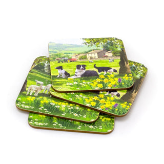 Set Of 4 Country Farmhouse Border Collie And Sheep Cork Coasters | 4 Piece Collie & Sheep Drink Coasters Set | Square Cup Mug Table Mats