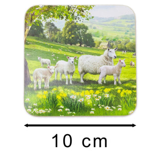 Set Of 4 Country Farmhouse Border Collie And Sheep Cork Coasters | 4 Piece Collie & Sheep Drink Coasters Set | Square Cup Mug Table Mats