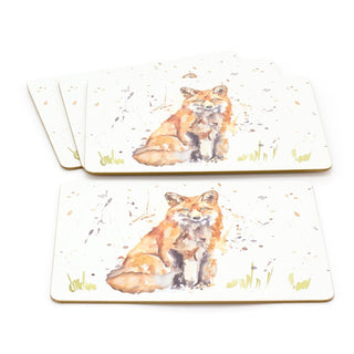 Set Of 4 Watercolour Design Woodland Fox Table Placemats |4 Piece Animal Cork Square Dining Table Mats | Four Red Fox Wildlife Plate Mat