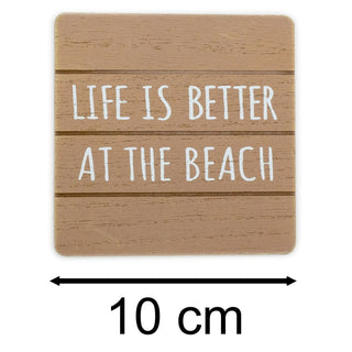 Set of 4 Wooden Seashore Coasters & Beach Hut Holder | Nautical Quotes Coasters