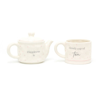 Tea for One Tea Set | Happiness is a Lovely Cup of Tea Nesting Teapot and Cup | Shabby Chic Stacking Tea Set
