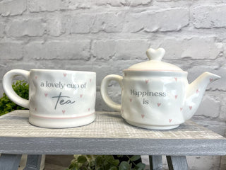 Tea for One Tea Set | Happiness is a Lovely Cup of Tea Nesting Teapot and Cup | Shabby Chic Stacking Tea Set