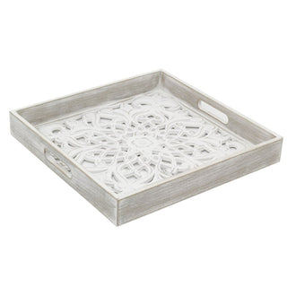 Whitewashed Carved Square Tray | Shabby Chic Display Tray | Ornate Wooden Tray - 36cm