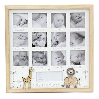 Wooden 12-Aperture Keepsake New Baby Photo Frame for First Year Memories