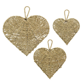 Set Of 3 Seagrass Hearts Wall Hanging Decor | Woven Wall Hanging Love Heart | Hanging Heart Boho Wall Decor