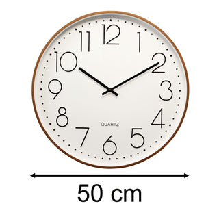Large Round Wall Clock, 50cm White Face Black Numerals Dark Wood Effect Frame