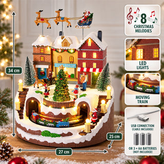 Musical Christmas Village, Illuminated Toy Shop with Train, Sleigh & 8 Melodies