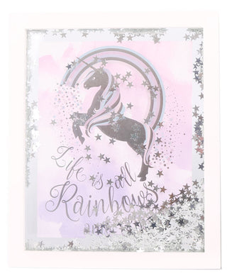 White Wooden Silver Star Confetti Unicorn Quote Decorative Frame Plaque ~ Life Is All Rainbows And Unicorns
