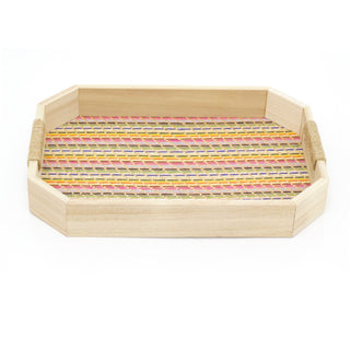 34cm Kasbah Multicolour Weave Rectangle Tray | Boho Wooden Tray With Handles | Kitchen Tea Coffee Tray Breakfast Tray