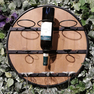 Round Wooden Wine Bottle Holder and Glasses Storage Rack | Wall Mounted Wine Organiser | Rustic Mini Bar Kitchen Decor