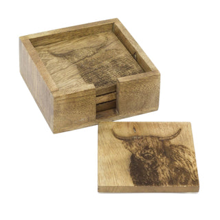 Set Of 4 Mango Wood Highland Cow Coasters | 4 Piece Rustic Coasters With Holder Cup Mug Table Mats | Wooden Square Drinks Coaster Set