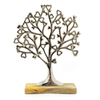 Small Elegant Silver Metal Tree Of Love Ornament On Mango Wood Base - 26.5cm
