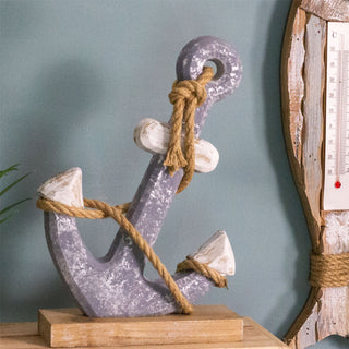 Nautical Wooden Anchor Ornament | Rustic Wooden Ship Boat Anchor On Stand - 27cm