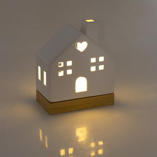 White Ceramic LED Christmas House Ornament On Bamboo Base | Light up Decoration