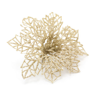 Set Of 3 Champagne Gold Glitter Christmas Clip On Flowers | Floral Christmas Present Decoration | Christmas Tree Decorations - Design Varies One Supplied